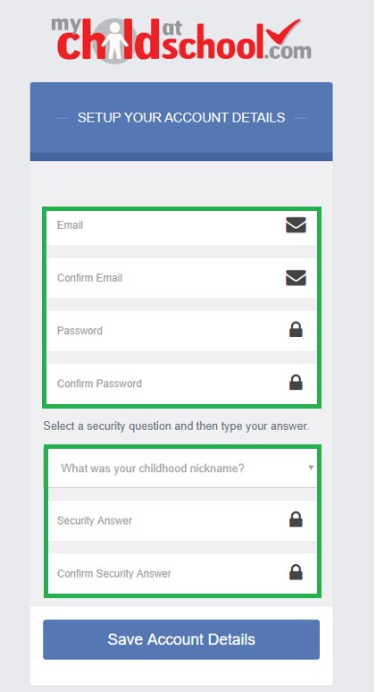 Screenshot of the mychildatschool.com account setup page.