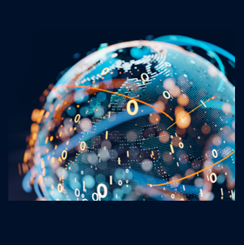 A graphic showing the globe with ones and zeros spiralling around in various colours