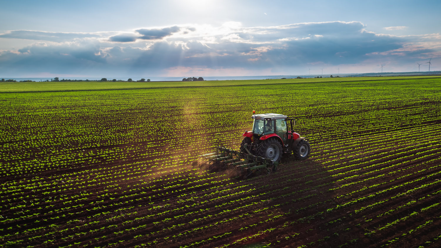 Tractor cultivating field at spring, aerial view