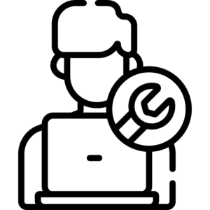 A Tech support icon of a person sat with a laptop and tools
