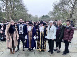 A group photo including teachers and the Lord Mayor of Canterbury