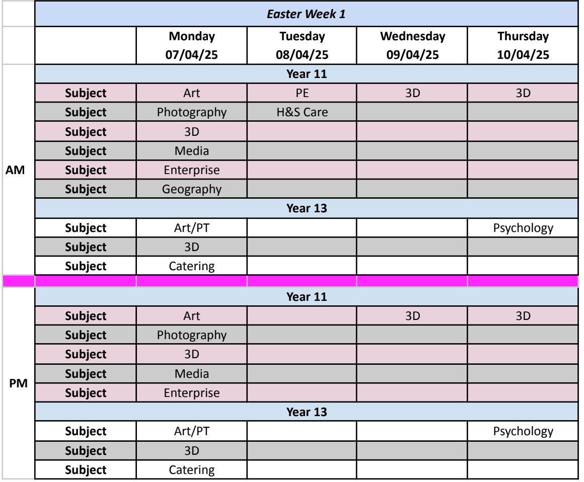 Week 1 easter schedule