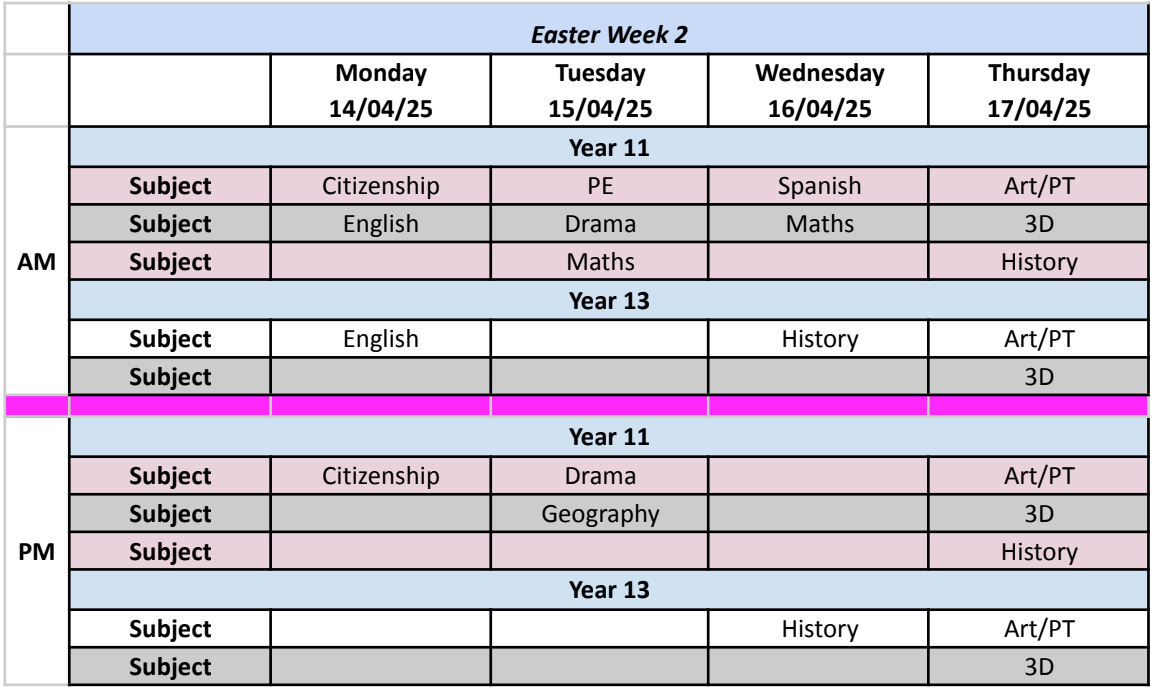 Week 2 easter schedule