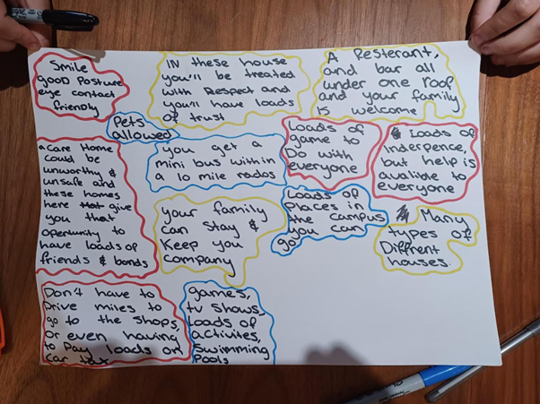 A handwritten poster featuring colorful, hand-drawn bubbles containing text about the benefits of a "house" or community, such as respect, trust, and family involvement.