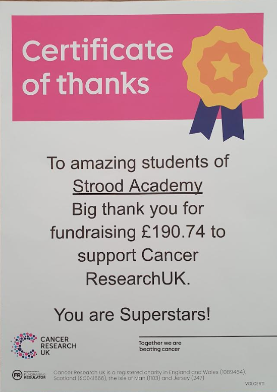 A "Certificate of Thanks" from Cancer Research UK addressed to the students of Strood Academy for fundraising £190.74.
